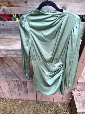 ABERCROMBIE & FITCH Satin Long Sleeve Draped High Neck Dress Green Size Medium
